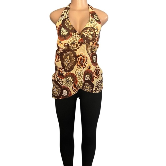 3/$30 🍂 BCX Y2K Floral Halter Neck Top Brown and Cream - Picture 2 of 9